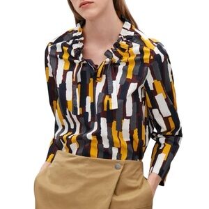 COS geometric print cotton 3/4 sleeve neck tie blouse Sz 36 excellent condition